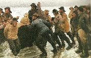 Michael Ancher fiskere ifard med at satte en rorsbad i vandet Sweden oil painting artist